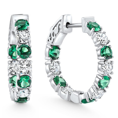 4 1/2Ct Emerald & Diamond Hoops White or Yellow Gold Lab Grown 1" Tall