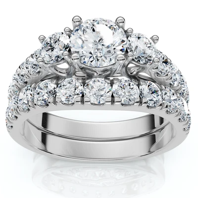 1 3/4Ct 3-Stone Diamond Engagement Wedding Ring Set 14k Gold or Pt Lab Grown