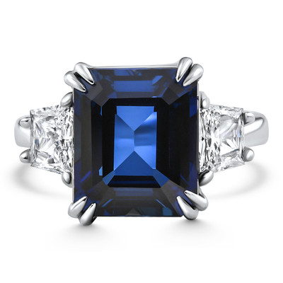 Blue Sapphire & Diamond Three Stone Anniversary Ring 14k White Gold Lab Grown