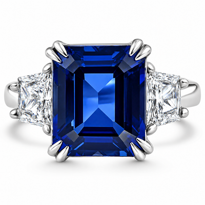 6Ct Blue Sapphire & Diamond Anniversary Engagement Ring 14k White Gold Lab Grown