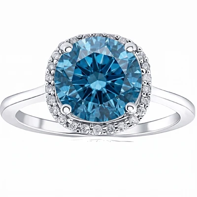 3 1/4Ct Blue Diamond Halo Engagement Ring Lab Grown in 14k White Gold