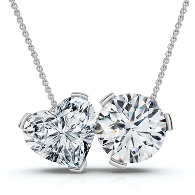 2Ct TW Toi et Moi Heart and Round Diamond Pendant 14k Gold 18" Chain Lab Grown