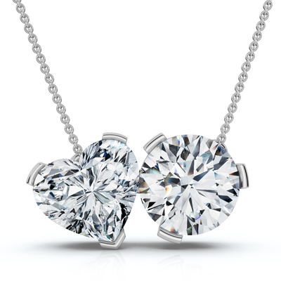 2Ct TW Toi et Moi Heart and Round Diamond Pendant 14k Gold 18" Chain Lab Grown