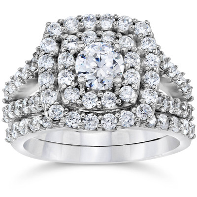 2 Ct Lab-Grown Diamond Halo Engagement Ring Set