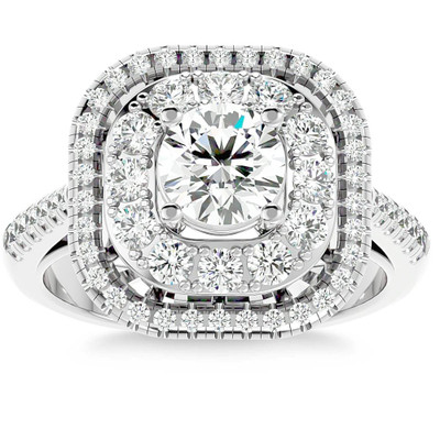 2Ct Moissanite & Diamond Cushion Halo Engagement Ring Rose, White or Yellow Gold