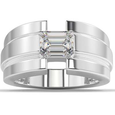 2 Ct Emerald Cut Moissanite Solitaire 12mm Men's Ring White Yellow or Rose Gold