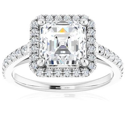 2 1/2Ct Asscher Cut Moissanite & Diamond Halo Engagement Ring in 10k Gold