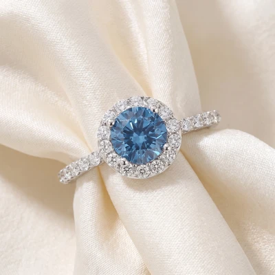2Ct TW Blue & White Diamond Halo Engagement Ring in 14k White Gold