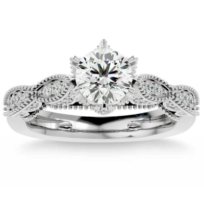 1 3/8Ct Vintage Moissanite & Diamond Engagement Ring White, Yellow, Rose Gold