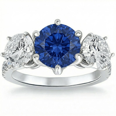 Certified 6 3/4Ct Blue Sapphire Diamond Ring Three Stone Gold Lab Grown