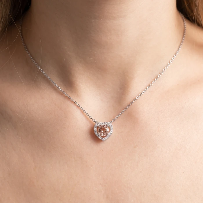 1Ct Morganite & Lab Grown Diamond Heart Pendant 14k White Gold Women's Necklace