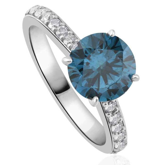 2Ct TW Round Brilliant Cut Blue Diamond Engagement Ring 14k White Gold