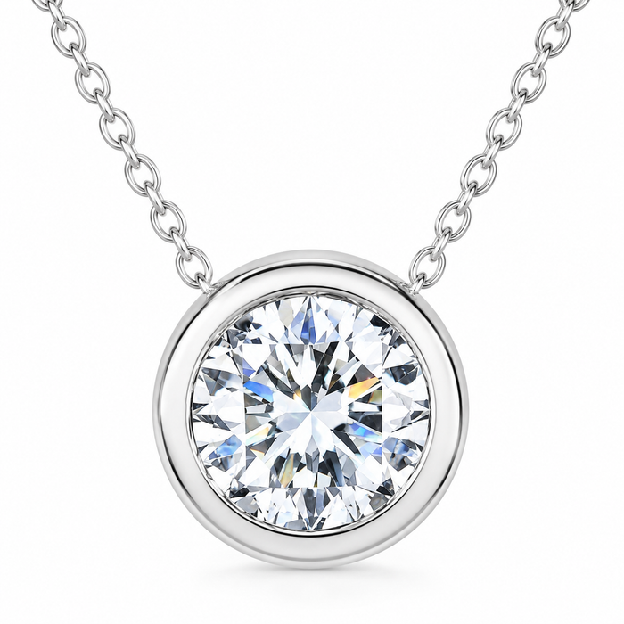 1 1/2Ct Solitaire Round Cut Lab Grown Diamond Bezel 14k Gold Necklace Pendant