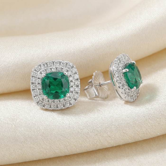 4Ct Emerald & Lab Grown Diamond Cushion Halo Studs 14k White Gold