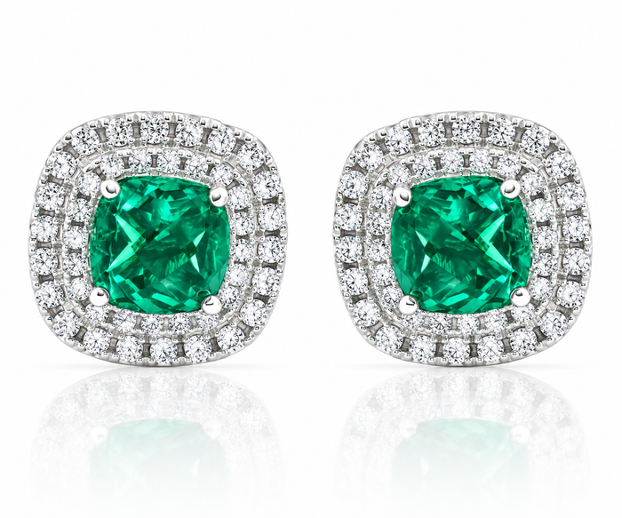 4Ct TW Emerald & Lab Grown Diamond Cushion Halo Studs 14k White Gold Earrings