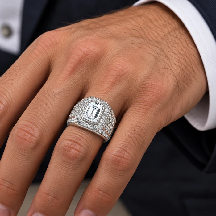 3Ct Emerald Cut Diamond Men's Ring in White, Yellow or Rose Gold Lab Grown