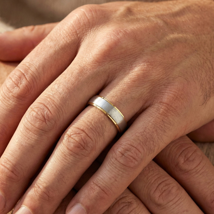 Men's Brushed Two Tone Wedding Band 14k Gold Ring