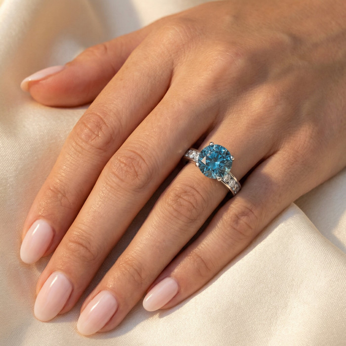 4 Ct TW Blue & White Diamond Eternity Engagement Ring in 14k White Gold
