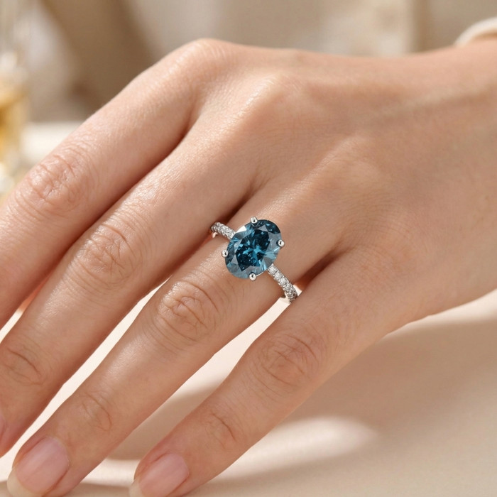 2 1/3Ct Blue Oval Diamond Engagement Ring in 14k White Gold Lab Grown