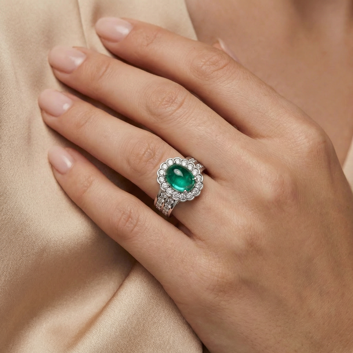 1 1/5ct Diamond Halo & Oval Emerald Cabochon Ring 10K Gold