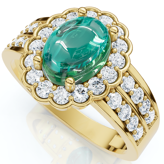 1 1/5ct Diamond Halo & Oval Emerald Cabochon Ring 10K Gold