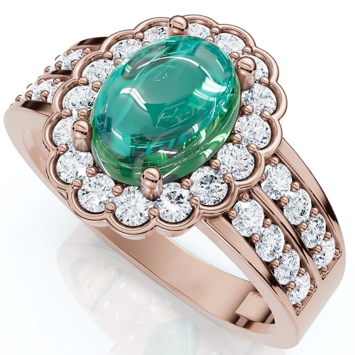1 1/5ct Diamond Halo & Oval Emerald Cabochon Ring 10K Gold