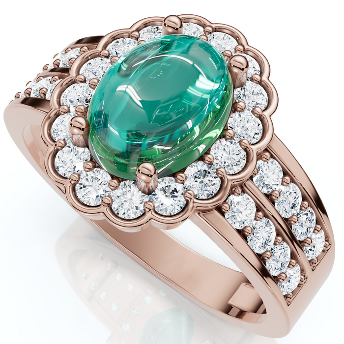 1 1/5ct Diamond Halo & Oval Emerald Cabochon Ring 10K Gold