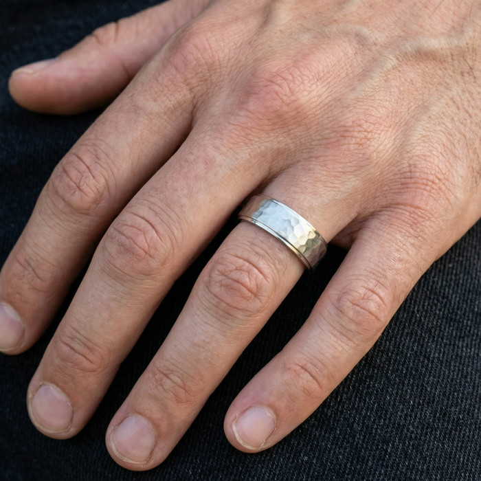 Men's Brushed Hammered Wedding Band 14k Gold Ring