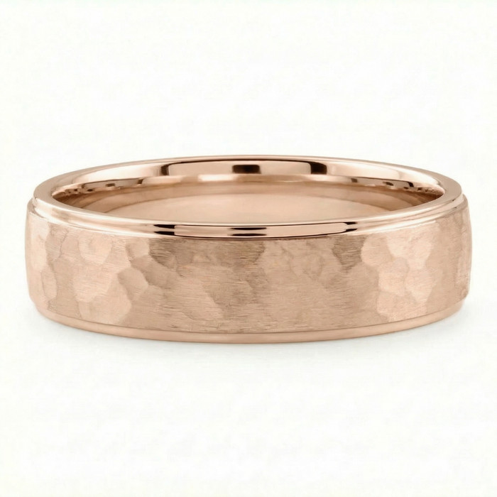 Men's Brushed Hammered Wedding Band 14k Gold Ring