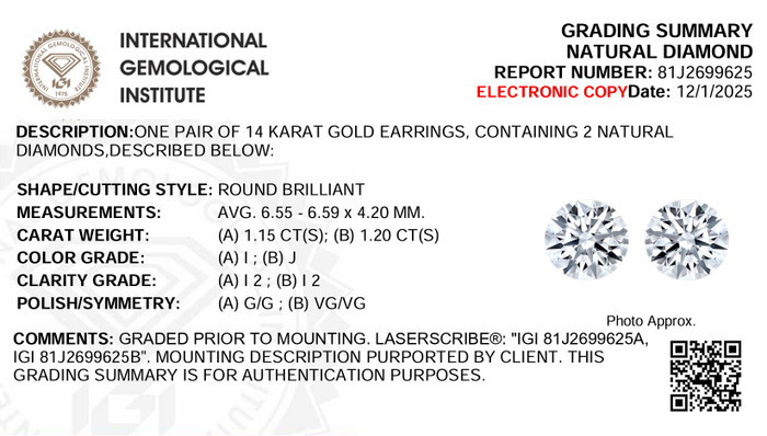 Certified 2 1/4Ct TW Natural Diamond Studs 14k White Gold Screw Back