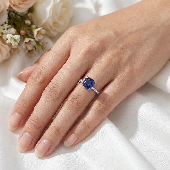 VS 2 1/3Ct TW Cushion Blue Sapphire & Diamond Ring in 14k White Gold