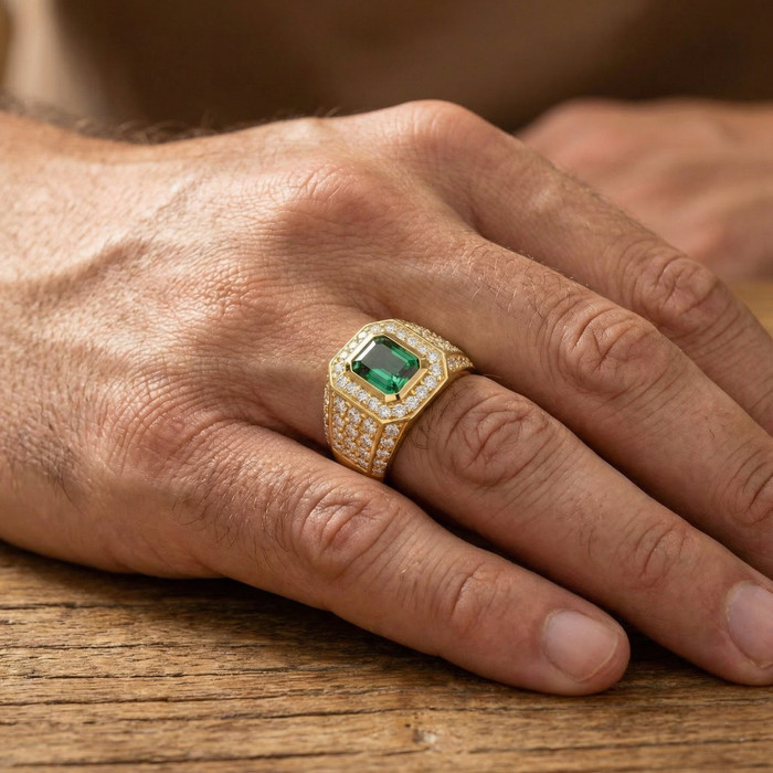 4 1/2Ct Emerald & Diamond Men's Ring 10k Yellow Gold Lab Grown