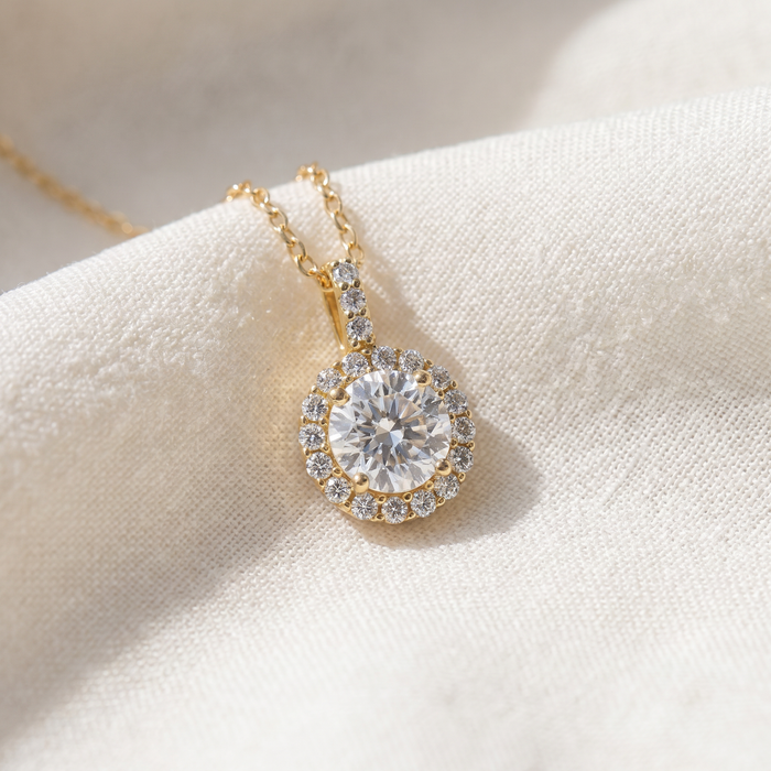 1 1/4Ct Halo Diamond Moissanite Pendant Necklace 18" 14k Yellow Gold (1/3" tall)