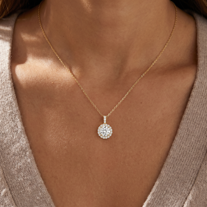 1 1/4Ct Halo Diamond Moissanite Pendant Necklace 18" 14k Yellow Gold (1/3" tall)