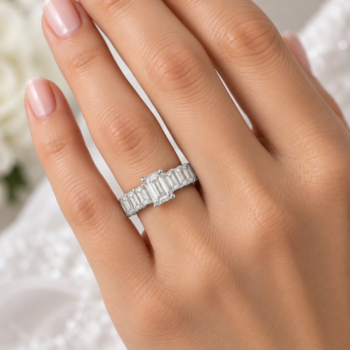 VS 7 1/2Ct Emerald Cut Diamond Engagement Ring 3/4 Eternity 14k Gold Lab Grown