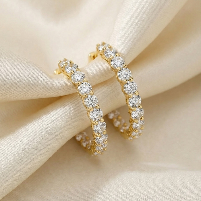 5 1/2Ct Diamond Inside Outside Hoops 14 Gold Earrings Lab Grown 1" Tall