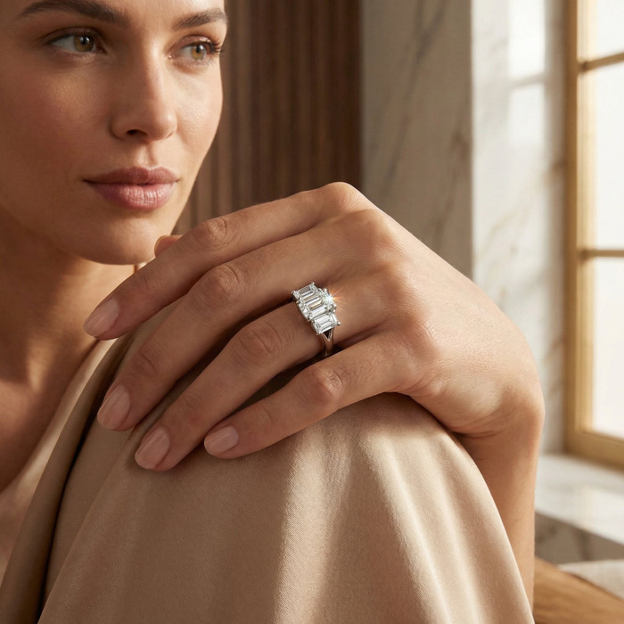 2.10Ct Emerald Cut Three Stone Diamond Engagement Ring 14k Gold Lab Grown