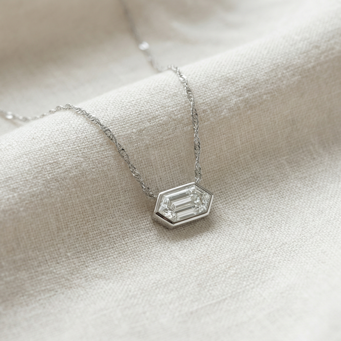 Certified 1.10Ct Long Hexagon Bezel Diamond East West Pendant Necklace Lab Grown