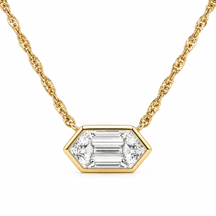 Certified 3/4Ct Long Hexagon Bezel Diamond East West Pendant Necklace Lab Grown