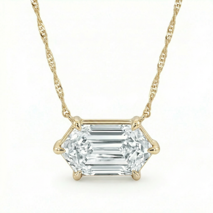 Certified 1.10Ct Long Hexagon Diamond East West Pendant Gold Necklace Lab Grown