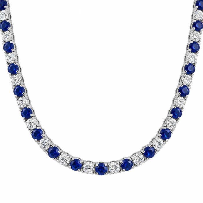 30Ct Blue Sapphire & Diamond Tennis Necklace 14k Gold 16.5" Lab Grown