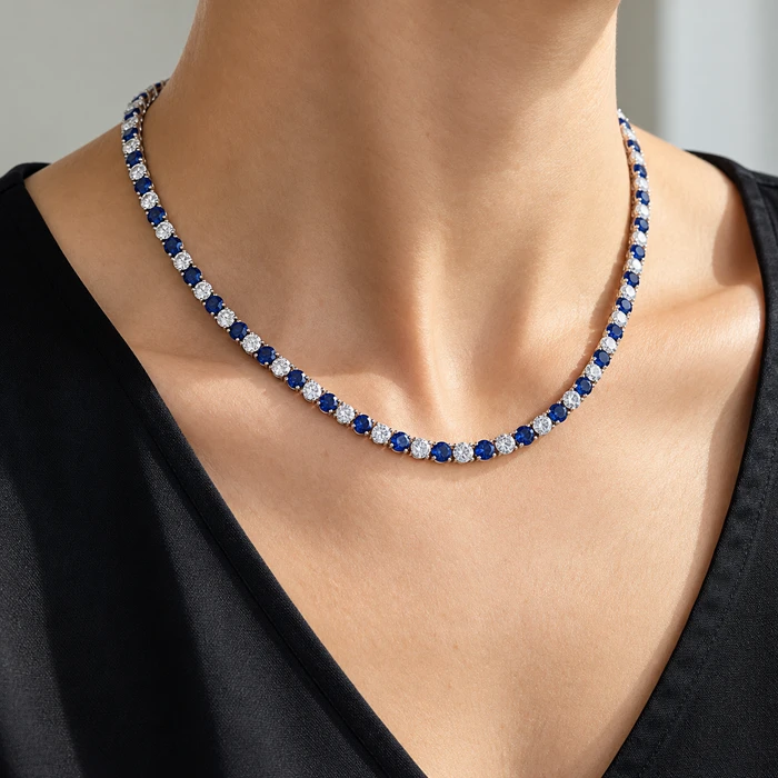 30Ct Blue Sapphire & Diamond Tennis Necklace 14k Gold 16.5" Lab Grown