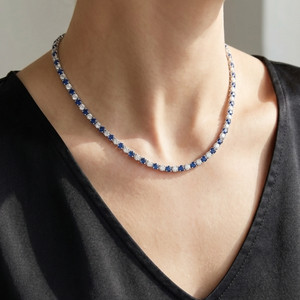 30Ct Blue Sapphire & Diamond Tennis Necklace 14k Gold 16.5" Lab Grown