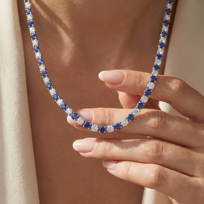30Ct Blue Sapphire & Diamond Tennis Necklace 14k Gold 16.5" Lab Grown