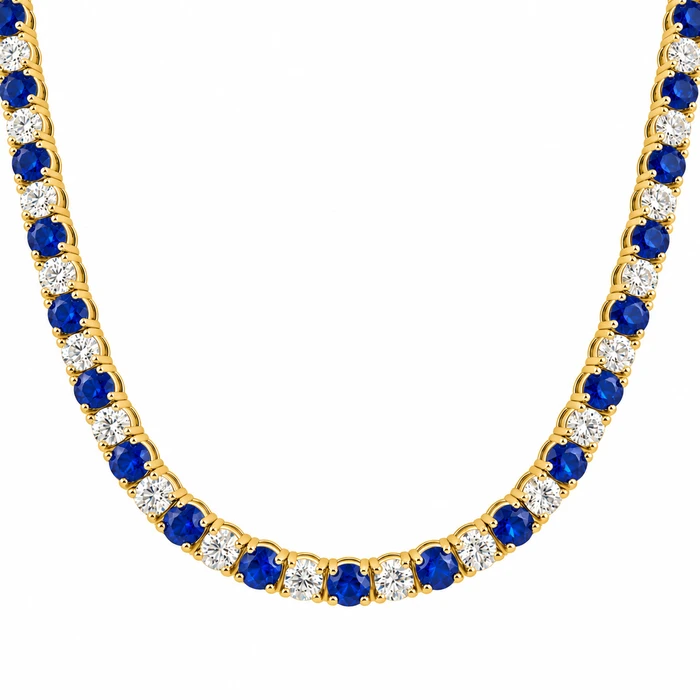 30Ct Blue Sapphire & Diamond Tennis Necklace 14k Gold 16.5" Lab Grown