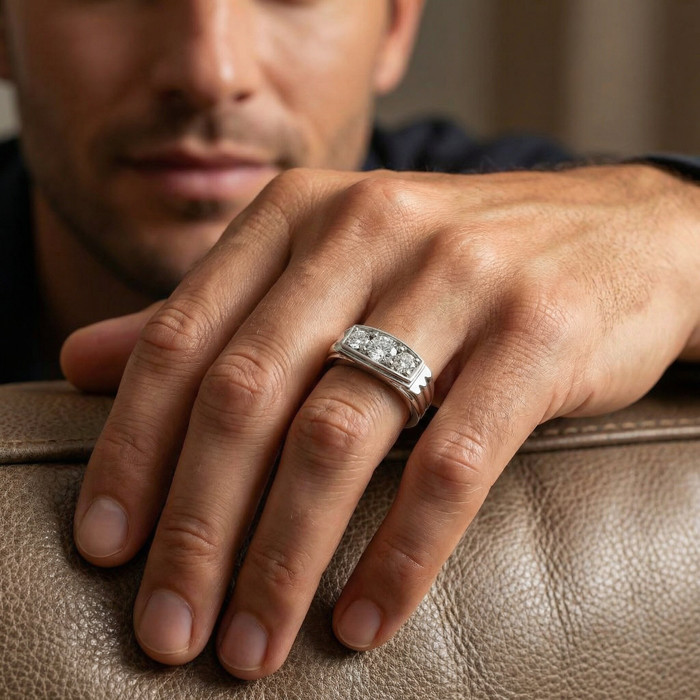 3/4Ct Men's 3 Stone Diamond Wedding Anniversary Ring in 14k Gold Lab Grown