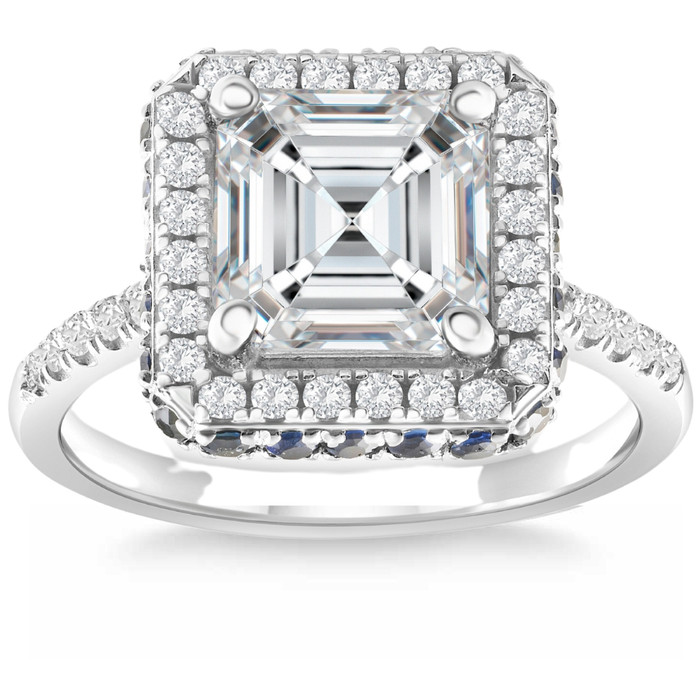 3.5Ct Asscher Cut Moissanite Diamond & Sapphire Gold Ring | 14k