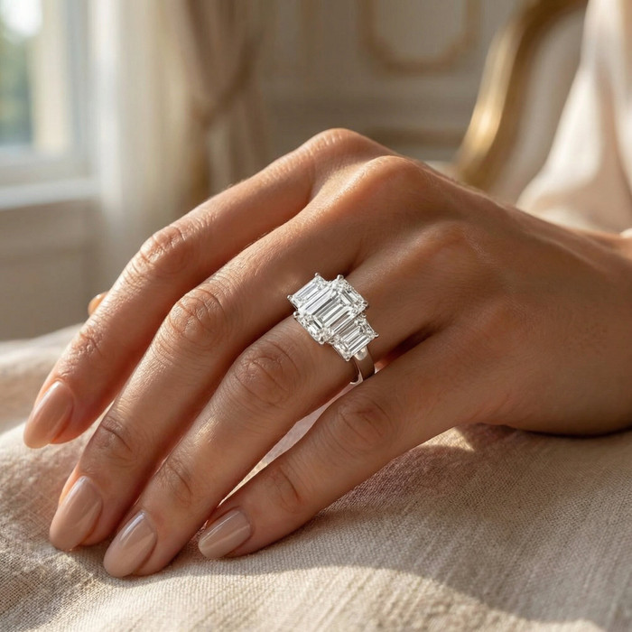 3.55Ct TW Emerald Cut Three Stone Engagement Ring 14k White Gold Lab Grown