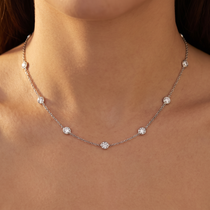 4Ct Floating Diamond Station Bezel Necklace 14K White Gold Lab Grown 18"