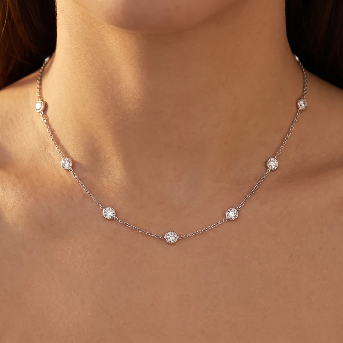 4Ct Floating Diamond Station Bezel Necklace 14K White Gold Lab Grown 18"
